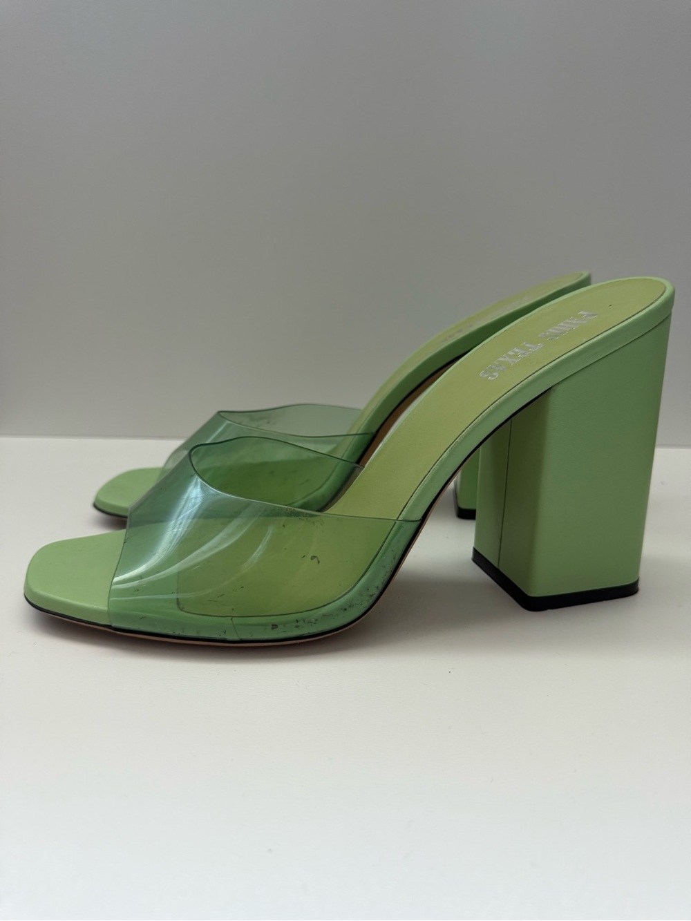 Paris Texas Green Block Heel Slide with Clear Vinyl Upper(willclean bf sending🤭)